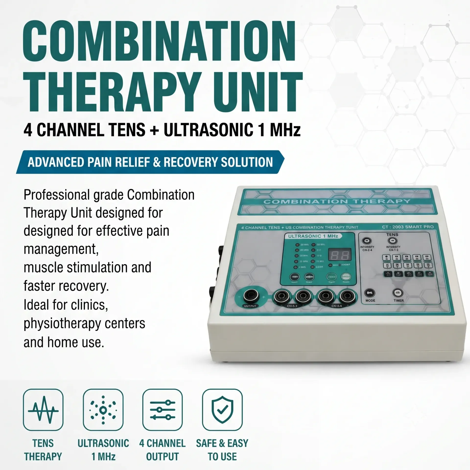 STAMINA PHYSIO DEVICE Smart Pro 4 Channel TENS + Ultrasonic 1MHz Combination Therapy Unit | Electrotherapy & Physiotherapy Machine for Pain Relief, Rehabilitation, Sports Injury, Clinic & Home Use